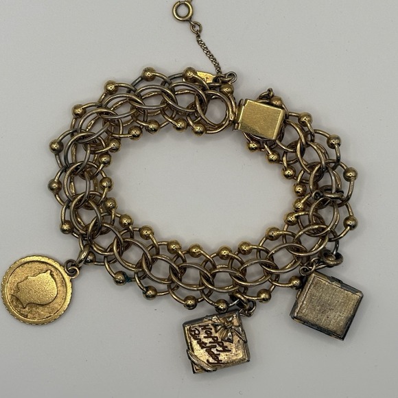 Monet Jewelry - Vintage Signed Monet Double Link Gold Tone Bracelet w/ Safety Chain 3 Charms